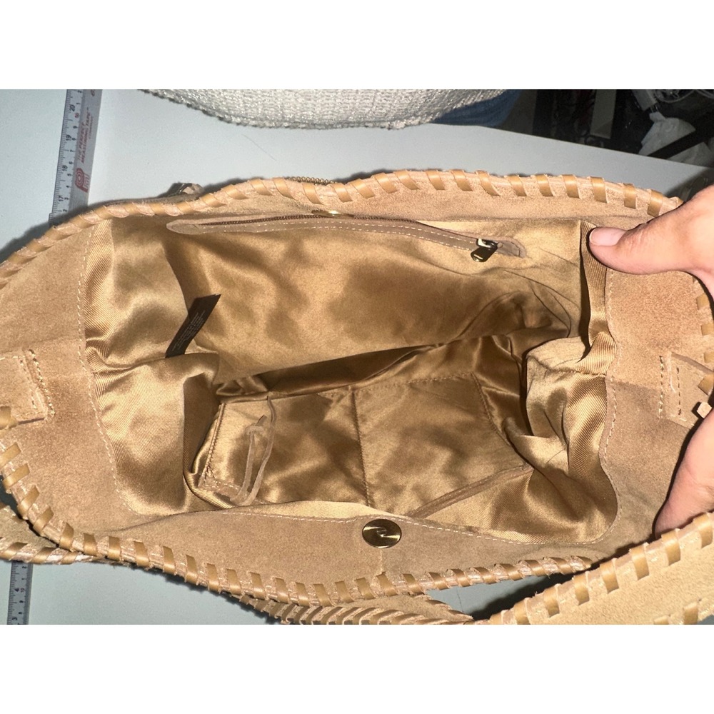 Tan Suede Whipstitch Hobo Shoulder Bag Genuine‎ Leather RN 75343 Made in India - Picture 3 of 10
